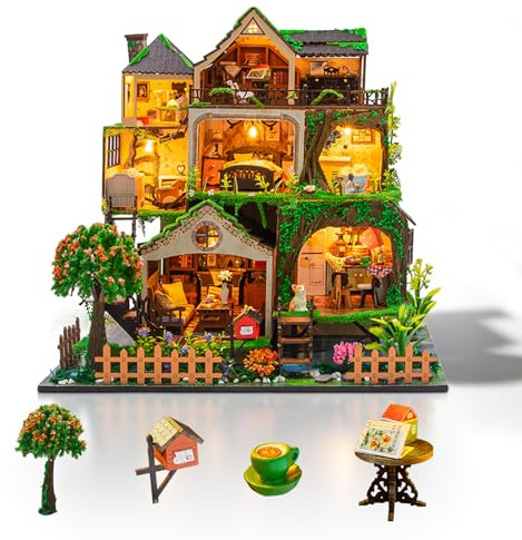 Cuteefun DIY Miniatur Haus Puppenhaus, Mini Puppenhaus mit LED, Holzhandwerk für Erwachsene Teenager zum Bauen, Geburtstag (Märchenwald)