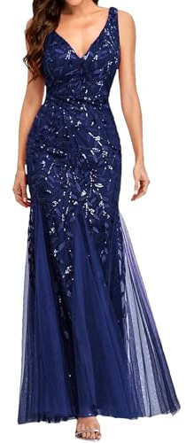 Abito per invitata al Matrimonio, Abito Formale da Donna, da Sera Lungo a Sirena con Scollo a V e Paillettes in Tulle