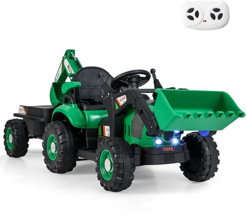 COSTWAY Ride on Tractor and Trailer, 12V Electric Construction Toy Car with Adjustable Seat, Shovel Bucket, Digger, LED Lights & Music, for Children Ages 3+ (Green)