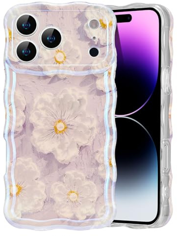 EYZUTAK Telefonfodral för iPhone 17 Pro, färgglad vintage oljemålning laser blomma glänsande telefonfodral lockigt våg ram TPU randig fodral skyddsfodral - lila
