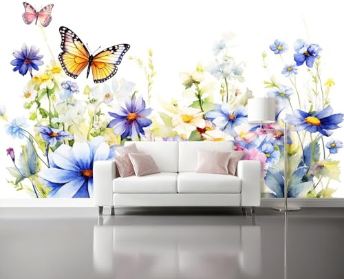 Carta da Parati Non Tessuta - Acquerello Fiori Di Campo Farfalle Carta da Parati Fotomurale 200 x 140 cm, Bianco Poster Decorativo Murale di Moda per Camera da Letto Soggiorno Sala da Pranzo