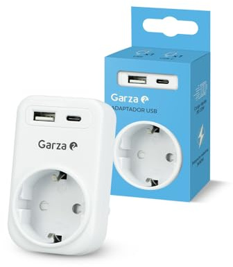 Garza - Adaptador Enchufe 3 en 1 con 1 Toma Schuko + 1 USB-A QC3.0 + 1 USB-C PD20W, Carga Rápida 20W, Protección Infantil, 3680W, Portátil y Seguro - Blanco