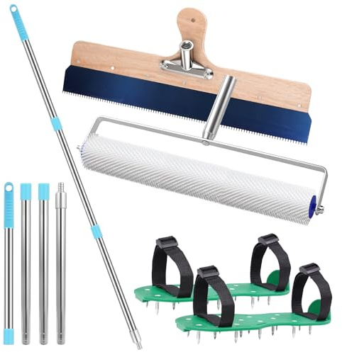 Worshow Bodenbeschichtung Entlüftungsroller Set, 560mm Stehrakel Gezahnt mit Stielhalter, 11mm Entlüftungswalze, 300mm Nagelschuhe, Teleskopstange 160cm, Edelstahl Stehrakel für Bodenbeschichtung
