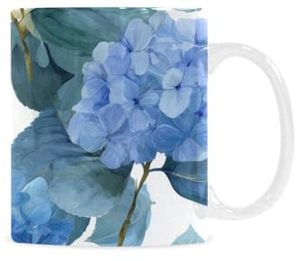 qenuh Hydrangea Flower Blue Elegance Ceramic Mugs Coffee Cup Smooth Glaze Finish 11 oz Classic Tea Cup for Hot Drinks, Office/Home Use
