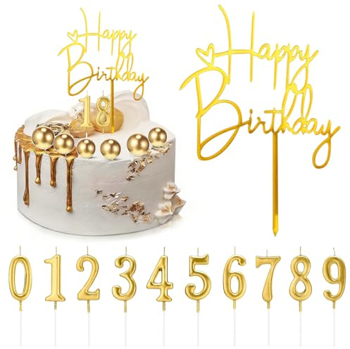 MINUBIN 11 Stück Happy Birthday Tortendeko mit Geburtstagskerzen Zahlen 0-9, Cake Topper Kuchendeko für Geburtstags Hochzeit Babypartys Feste (Gold)