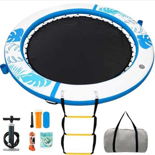 GYMMALL Plataforma Flotante Inflable Colchoneta Piscina 240 cm, Anillo Sunchill, Floating Yoga Dock Isla Flotante Hamaca Acuática Flotador Reposera con Escalera y Portavasos