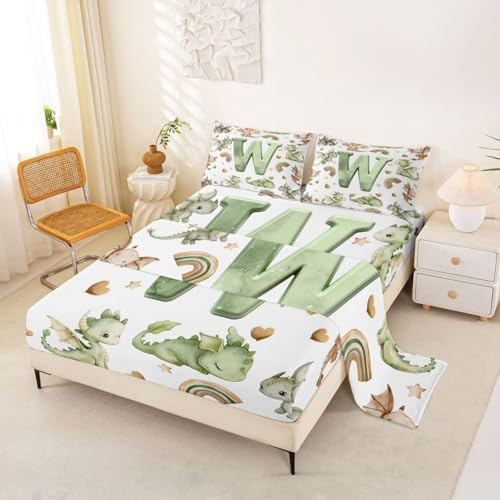 Homemissing söt dinosaurie sänglakan set dubbel storlek barn pojkar flickor initial bokstav W sängkläder set tecknad dinosaurie sänglakan set med 40 cm djupa fickor 4 st med 2 örngott