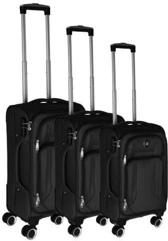 Cepewa Lot de 3 valises en tissu - Noir - 3 tailles - En nylon - Barre télescopique à double rouleau - Serrure à combinaison - Valise souple en fibre synthétique avec fermeture éclair, Noir , Coque