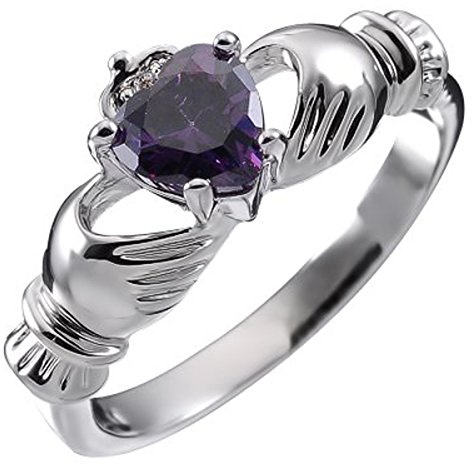 GWG Jewellery Bague d'amour Claddaghs en Argent Sterling avec Pierre Pourpré Améthyste en Forme De Cœur, Mains Et Couronne – 10 dans Boîte Cadeau pour Femme