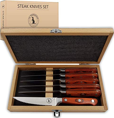Steak Knife Set in Gift Box. 6 Full Tang High Carbon Stainless Steel Micro Serrated Knives. Classic Dark Brown Ergonomic Pakkawood Handles. Luxury Beech Wood Case. Premium Deluxe Birthday Gift Idea