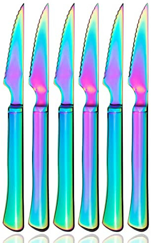 culterman 6 Pack Rainbow Stainless Steel Steak Knives, Iridescent Serrated Sharp Dinner Cutlery Knives Set for Kitchen Table