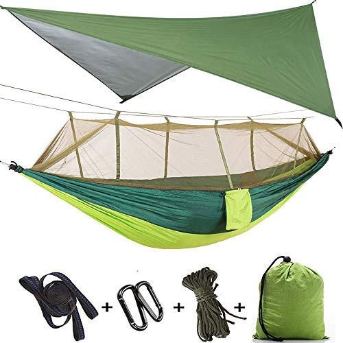 3-i-1 campinghängmatta med dragkedja myggnät och presenning, 300 kg lastkapacitet hängmattor andningsbart myggnät, snabbtorkande, fallskärm, presenning för camping, vandring, utflykt gård (grön