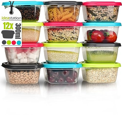 idea-station Gefrierdosen 300ml mit Deckel - 12 Stück - bunt | Deckel + BPA-frei + Stapelbar - kleine Frischhalte-Dosen zum Einfrieren - Gefrier-Behälter Set aus Plastik für Kräuter, Brei
