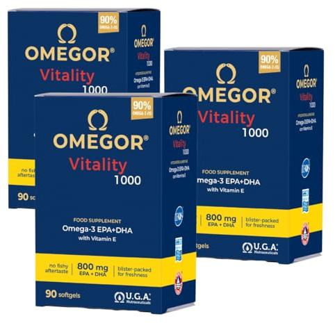 Omegor Vitality 1000 - avec 800 mg d'EPA/DHA par capsule | Certification 5 étoiles IFOS depuis 2006 | 90 % d'Omega 3 sous forme rTG | Dose élevée d'EPA et DHA - 90 x 3 capsules