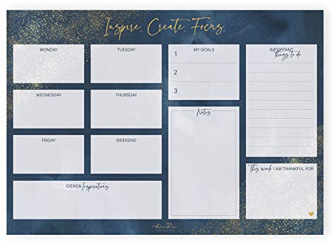 Him & I® - Schreibtischunterlage Inspire. Create. Focus. - Schreibunterlage aus Papier zum Abreißen, 50 Blatt, Malunterlage, To-Do-Liste, Wochenplaner