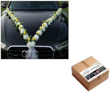 VIP Girlande 30 Azaleen 30 Rosen 18 extrastarken Saugnäpfen 2 x 180 cm Girlande 4 Türgriffdekorationen 2 Rattanherzen Braut Paar Autoschmuck Hochzeit Car Auto Wedding PKW ®Auto-schmuck (Azaleen 1)