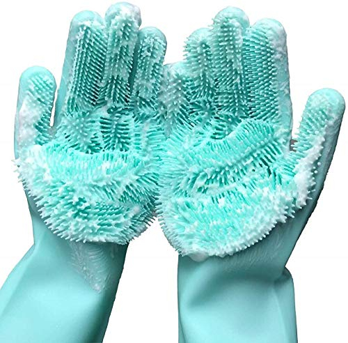 Koksi Dishwashing Cleaning Sponge Gloves Reusable Silicone Brush Scrubber Gloves Heat Resistant for Dishwashing Kitchen Bathroom Cleaning Pet Hair Care Car Washing