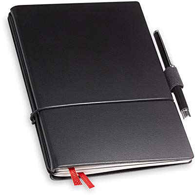 A6 revolutionäres X17-Notizbuch! Recyceltes Leder schwarz, mit Geschenkbox; Innen: 2x Notizen(blanko, kariert), Stifthalter, Doppeltasche, Mini Stift; austauschbar, Made in Germany