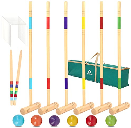 ApudArmis 32In Six Player Croquet Set with Deluxe Premiun Pine Wooden Mallets,Colored Ball,Wickets,Stakes - Lawn Backyard Game Set for Adults/Family (Large Carry Bag Including)