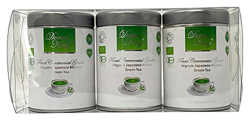 Pack of 3 of DOCTOR KING Finest Ceremonial Grade Organic Japanese Matcha Green Tea | Ceremonial Grade A | First Harvest Matcha | 3 x 30 g in Premium Metallic Caddies | Made in Japan
