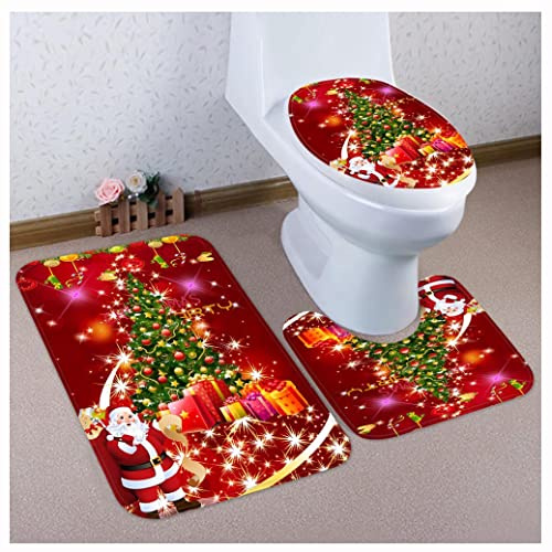 OttoBen Weihnachts Badematten Set 3 Teilig 3D Drucken Badezimmer Fußmatte Garnitur rutschfeste Badteppich Stand WC Badvorleger Toilet Mat Teppich 5# 50 * 80cm+40 * 50cm+38 * 43cm