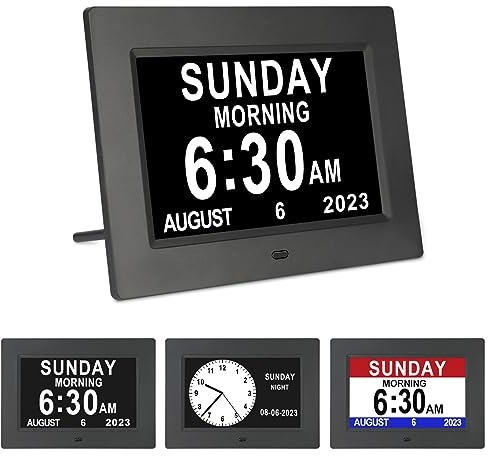 TSITSC 7 Inch Digital Day of The Week Clock Extra Large Non-Abbreviated Dementia Day and Date Time Clocks for Seniors Elderly Impaired Vision Memory Loss 12 Alarm Reminders + Auto-Dimming