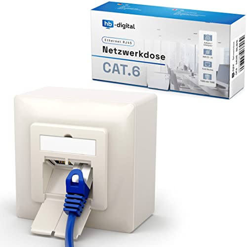 hb-digital 1x CAT 6 Netzwerkdose LAN Dose Universal Anschlussdose - 2X RJ45 Port - Aufputz/Unterputz Geschirmt EIA/TIA 568A&B 8P8C 1 Gigabit Ethernet Netzwerk – Reinweiß