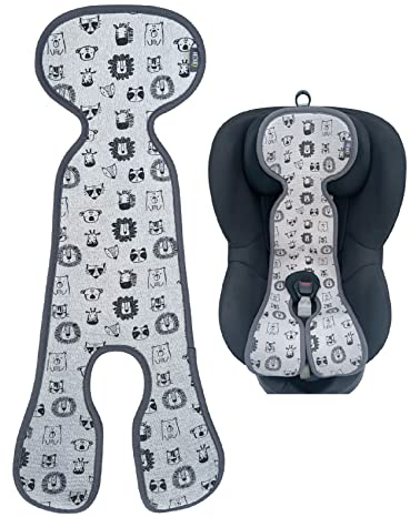 HECKBO Kinder Sitzauflage Sommer Antischwitz für Kinderwagen - Gruppe 1 - Autositz mit 3 Punkt und 5 Punkt Gurt für Kinder Matte grau mit niedlichen Tieren