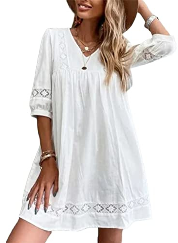 shownicer Femme Robe en Dentelle Été Col V Manches Longues Lâche A-Line Mini Robe Dentelle Casual Couleur Unie Robes Ample de Plage A6 Blanc XL