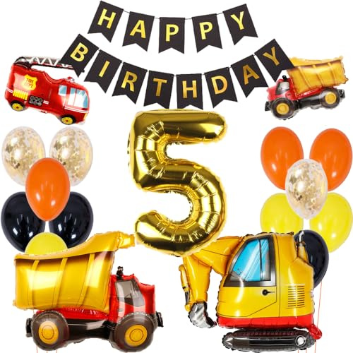 ZWWsullo geburtstagsdeko 5 jahre jungen Bagger Geburtstag Deko Kindergeburtstag Deko jungen 5 Jahr bauarbeiter geburtstag Bagger Deko Kindergeburtstag 5 Baustellen Geburtstagdeko Junge Ballon Auto