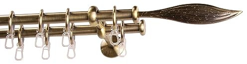 Garesa Gardinenstange Esperanca Ø 16mm, 2-läufig, Messing, antik I Rustikale Vorhangstange inkl. Ringe + Faltenlegehaken I Mit Endknopf Modern I Wandmontage I 160cm