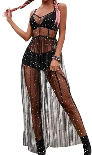 Odizli Festival Outfit Damen Rave Techno Sexy Transparent Mesh Glitzer Sterne Pailletten Gothic Rock Tüllrock Lang Kleid Teenager Mädchen Party Streetwear Clubwear Sommer Bikini Cover Up Schwarz#A S