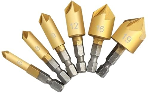 SolGlo Senker-Bohrer-Set, Fase, 1/4 Zoll Sechskant, 5 Flöten, Senker-Fräser for Holz, weiches Metall, Gummi, Kunststoff, Holzbearbeitung