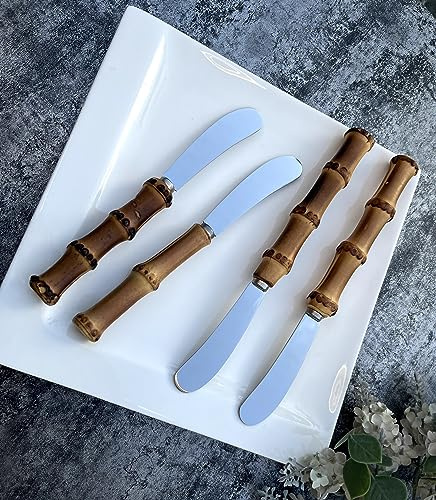 Pretihome 4 Pieces Set Butter knife, Pate Knife Cheese Spreader, Thick and Smooth blades, Strong Heavy for butter spreaders Home Restaurant Party breakfast (bamboo handle)