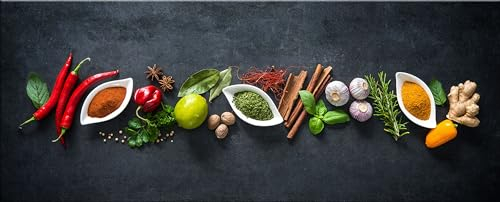 artissimo, Glasbild XXL, 125x50 cm Querformat, AG5417A, Küche: Kräuter, Gewürze und Chilli, Küchen-Bild aus Glas groß, Küchenmotiv quer, länglich, Bild für die Küche