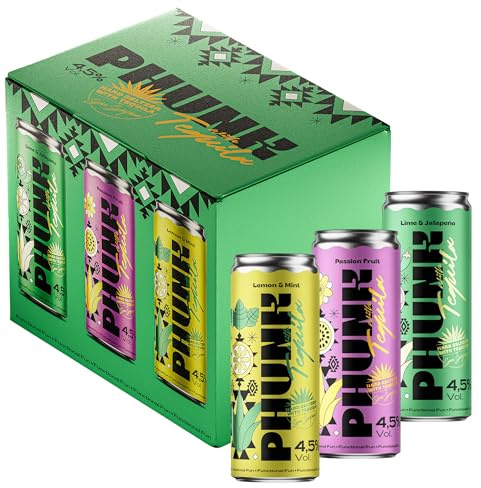 PHUNK - Pack Tequila Maracuyá + Lima y Jalapeño + Limón y Menta 6 x 250 ml, Tequila con Sabor Fruta, 0% Azúcar y Pocas Calorías, Tequila Ligero, Funcional y Divertido, sin Gluten, 4.5% Vol. Alcohol