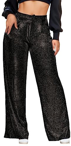 Duohropke Glitzer Hose Damen Wide Leg High Waist Hose mit Pailletten 70er Elegante Schlaghose Stretch Hosen für Club Party Fest Tanzen