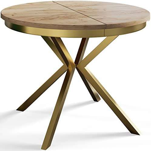 AlpiMeble Runder Esszimmertisch BERGO, ausziehbarer Tisch Durchmesser: 120 cm/200 cm, Wohnzimmertisch Farbe: Braun, mit Metallbeinen in Farbe Gold