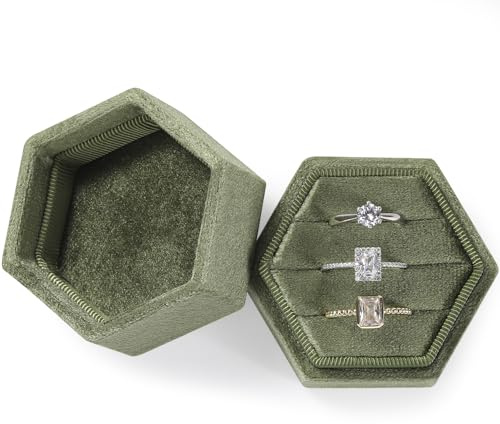 WantGor Velvet Jewelry Ring Box, 3 Slots Hexagon Ring Gift Box Vintage Ring Display Holder Case for Wedding Ceremony Proposal Engagement (Olive Green)
