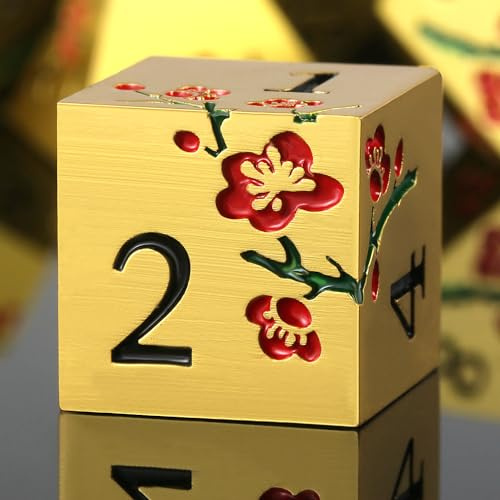DNDND blommor metalltärning, 7 st metalliska DND-tärningar med underbar presentask för D&D fängelsehålor och drake bordsspel (röda blommor med guld)