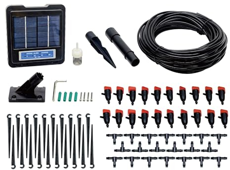 AEO Solarbetriebenes automatisches Bewässerungssystem Tropfbewässerungssystem, 20 verstellbare Tropfer, 19.8 m für Balkon Gewächshaus Hochbeet