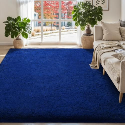 ISMOL 160x230cm Tapis à Poils Longs Doux et Moelleux - Lavable - Antidérapant - pour Salon, Chambre à Coucher, Chambre d'enfant - Tapis Moderne uni (Bleu Foncé)