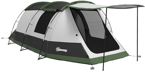 Outsunny 3-4 Man Camping Tent, Tunnel Tent with Bedroom, Living Room and Porch, 2000mm Waterproof, Portable with Bag, for Fishing Hiking Festival, Green