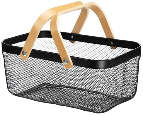 Panier à légumes rectangulaire en treillis métallique - Panier de rangement en treillis métallique avec poignée en bois - Panier à fruits pour cuisine et pique-nique - 40 x 25 x 17 cm