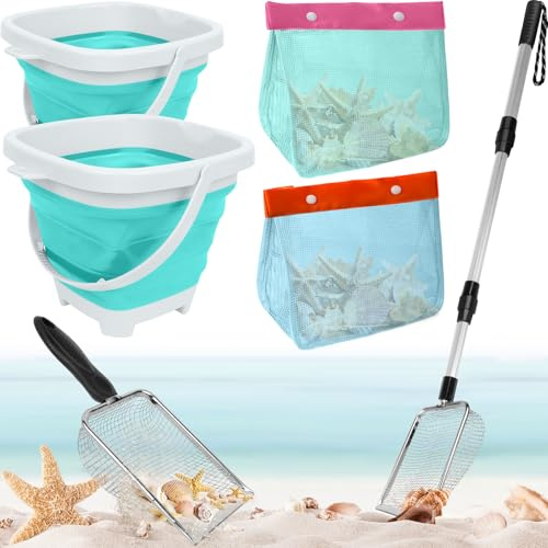6 Pack Shelling Tools - Seashell Bag, Shark Tooth Sifter Shovel Sand Scoop, Collapsible Beach Bucket & Shell Scooper with Extra Long Adjustable Handle, Adult & Kids Beach Game Toys