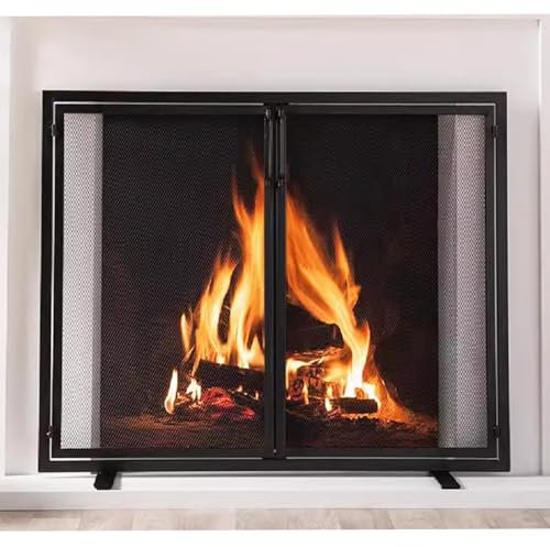 Pare-étincelles noir robuste – Pare-feu avec 2 portes pour grills, foyer, feu ouvert – Housse en maille pour feu de jardin – Accessoire de sécurité domestique