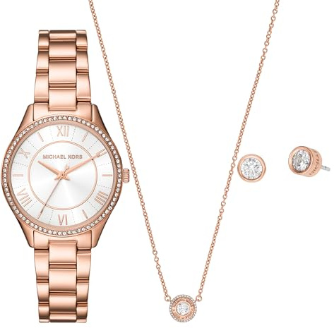 Michael Kors Lauryn Damen Dreizeiger Rose Gold Ton Edelstahl Armband Uhr, Ohrringe und Halskette Geschenkset (Modell: MK4850SET), Rotgold