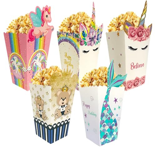Einhorn Popcorn Boxen,Meerjungfrau Popcorn Tüten Pappe 15 Stück Kleiner Bär Popcorn Candy Boxen Behälter für Party Snacks, Süßigkeiten, Popcorn und Geschenke,14,7 * 6,5 cm