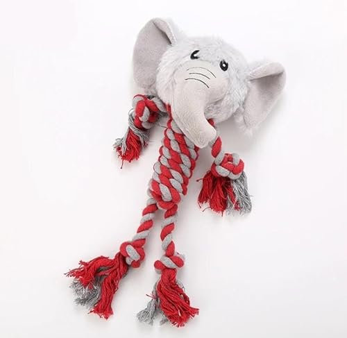 LAYZ Plush animal dog rope toy. Perfect for puppies and small to medium sized dogs. Fun for interactive play and training with built-in squeaker. Ideal for teething and dental hygiene. (Elephant)