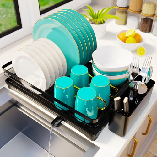 Homiu Dish Drainer Rack - Stainless Steel Utensil Holder - Swivel Drainage Spout - Kitchen Sink Draining Board - Dish Drying Rack for Kitchen Counter - Drying Rack & Cutlery Holder Black